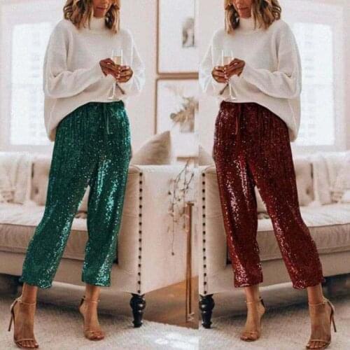 Ladies new casual fashion loose ruffled high-waisted shiny trousers
