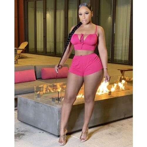 Women Set Solid Sleeveless Strap Bandage Collar Crop Tops and Shorts Two 2 Piece Sets Sexy Fashion Streetwear Summer