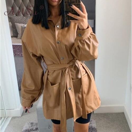 ArtSu Belted Trench Coat Women Pocket Buttons High Waist PU Leather Coat Winter Black Casual Leather Jacket Fashion Streetwear