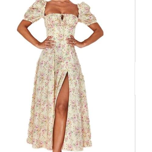 2021 Women New Fashion French Elegant Puff Sleeve High Waist Split Fork A-Line Long Dresses Summer Floral Dress