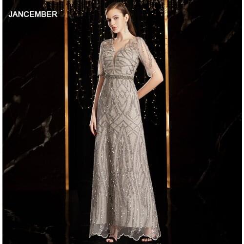 J9024 jancember evening dress 2020 illusion deep v-neck half sleeve beading pattern lace prom dresses in Prom Dresses sukienka