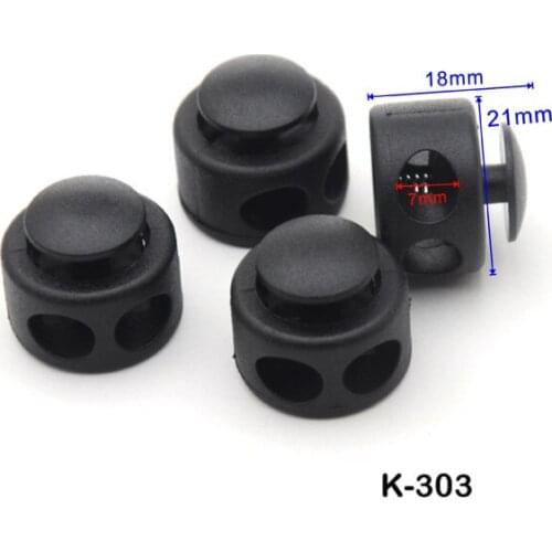 100 pcs / lot K-303 big black plastic round ball cord lock toggles plastic 2-hole stoppers for 7mm bungee shock cord