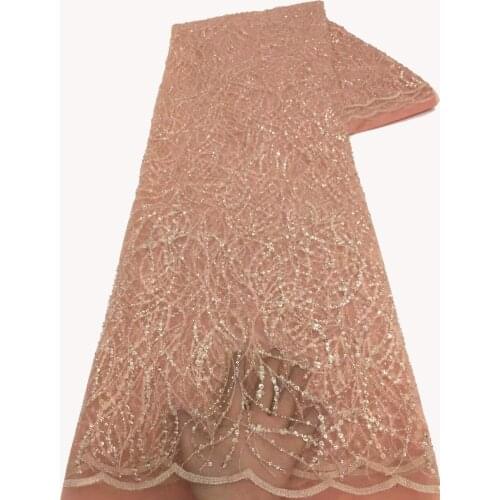 5yards/pc) High quality African wedding lace peach French net lace fabric with delicate tube beads sequins embroidery FZX112