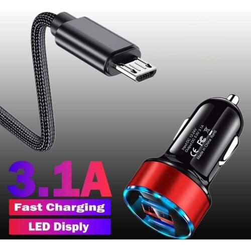 LED Display Car Charger Dual USB 3.1A Fast Charging For Xiaomi Redmi Note 5 Pro Huawei P10 P9 Lite 7X Micro USB Nylon Data Cable