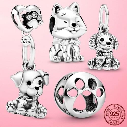 925 Sterling Silver Poodle Puppy Dog Pet Dangle Charm Beads fit Original pan Charm Bracelet Necklace Jewelry