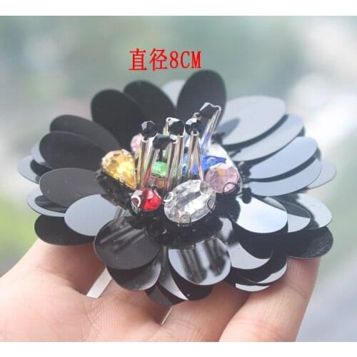 Black sequins flower rhinestone beaded patches embroidered sew on patch applique jacket patches for clothes parches para la ropa