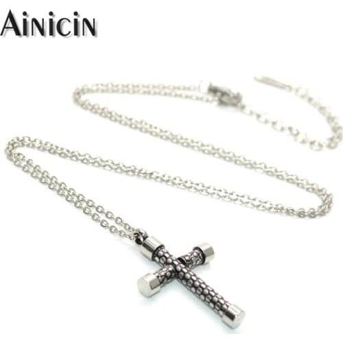 304L Stainless Steel Cylinder Cross Shape Pendant Snake Veins 50cm Chain Necklace For Men Jewelry Birthday Gift