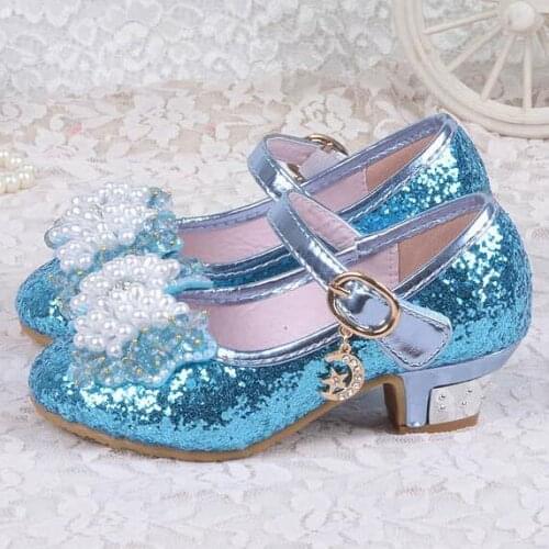 Princess Kids Leather Shoes For Girls Flower Casual Glitter Children High Heel Girls Shoes Butterfly Knot Blue Pink Silver