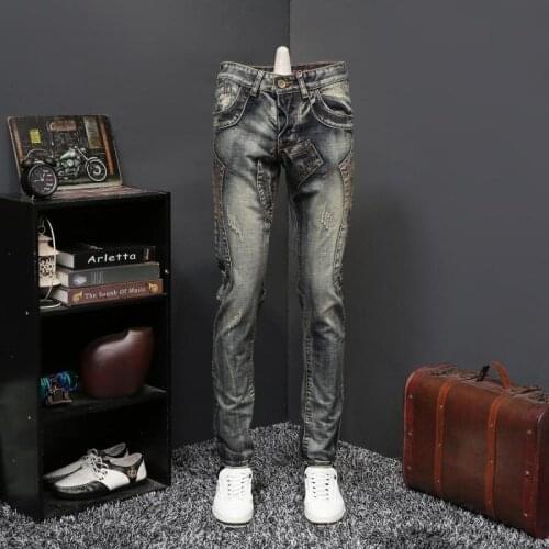 Denim Jeans Vintage Jeans Men Ripped Destroyed Denim Trouser Men Slim Fit Zipper Jeans Hombre Pleasting Zipper Skinny Jeans Men