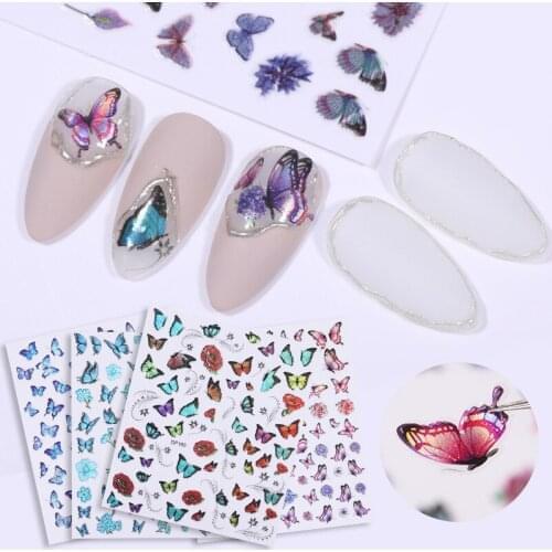 Holographic Colorful Butterflies Nails Art Manicure Stickers Blue Black Decals Spring Theme Flowers Nail Decoration Manicure