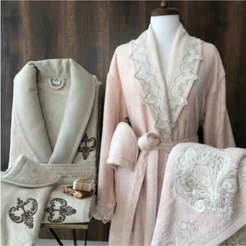 8 piece French Laced Bamboo Family Bathrobe Set Set Peach-cappuccino bathroom set ultra quality luxury ruched elegant style trend