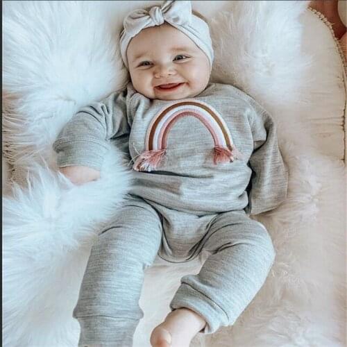 2 Pcs Newborn Autumn Outfits 0-24M Infant Long Sleeve Round Neck Rainbow Pattern Romper + Solid Color Trousers Boy Girl Outfit
