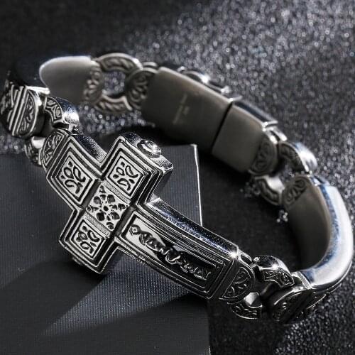 Retro Cross Bracelets Men Solid Heavy Stainless Steel Bracelet For Manly Wrist 7.87' Mens Biker Jewellery Logo Name Engrave New