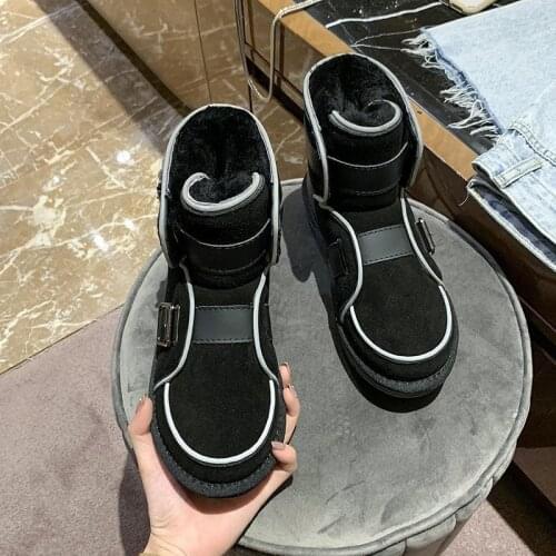2020 Winter New Fur Integrated Snow Boots Womens Reflective Strip Plush Belt Buckle Female Boots Warm Luminous Cotton Shoes