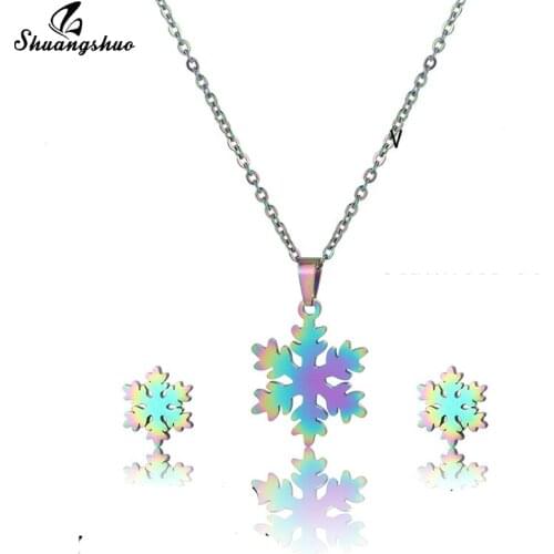 Rainbow Christmas Snowflake Necklace Women Choker Stainless Steel Jewelry Winter Snow Flake Earrings Ladies 2021 New Year Gift