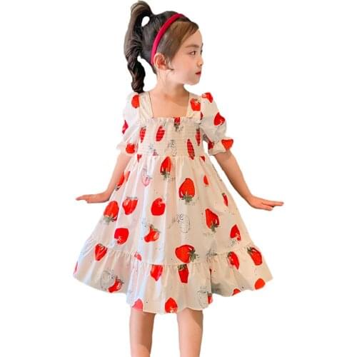 Girls Dress Summer Cartoon Cotton Strawberry Pattern Princess Dresses For Girls Kids Casual Clothes Children Birthday Present