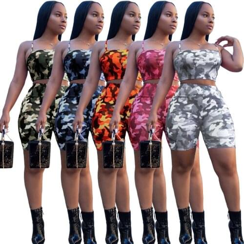 Clothing vendor ASGL6019 fashion camouflage army crop top and shorts 2 piece set women