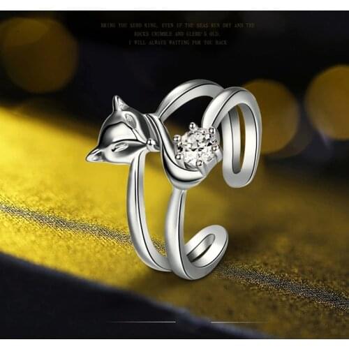 Simple Style Silver Plated personality fox Rings for Women Jewelry Fashion double-layer crystal Open Adjustable Size Finger Ring