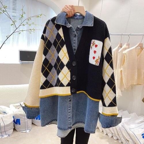 Pullover knitted stitching fake two-piece denim jacket womens mid-length new autumn and winter shirt loose sweater cardigan
