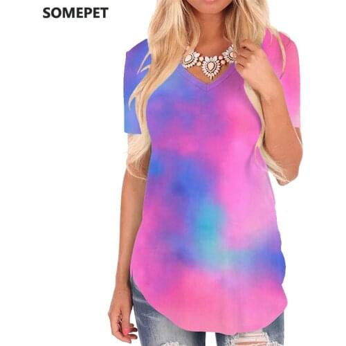 SOMEPET Tie Dye T Shirt Women Colorful V-neck Tshirt Harajuku T-shirts 3d Novel Tshirts Printed Womens Clothing Summer Cool