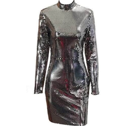 PERHAPS U Black Stand Collar Long Sleeve Bodycon Sheath Mini Dress Bling Solid Sexy Sequined D0912
