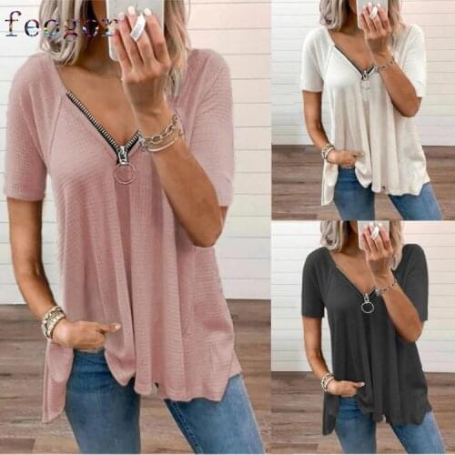 FEOGOR 2021 summer new style womens sexy V-neck zipper short-sleeved solid color T-shirt top Summer casual womens clothing