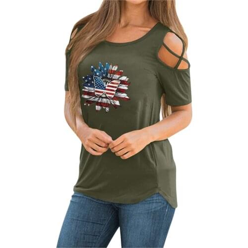 Independence Day Women T Shirt Sunflower American Flag Printed T-shirt Summer Off Shoulder Short Sleeve T-shirt Mujer Camisetas