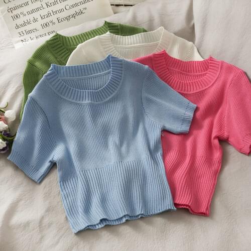 Woman TShirts Womens Round Neck Short-Sleeved Knitted T-shirt 2021 Spring Top Crop Top Mujer Camisetas