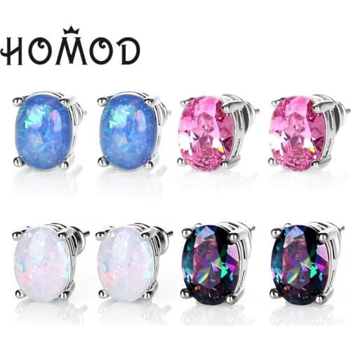 HOMOD 6MM Round White/Blue/Pink Fire Opal Stud Earrings For Women Stainless Steel Silver Color Filled Jewelry Cute Earrings