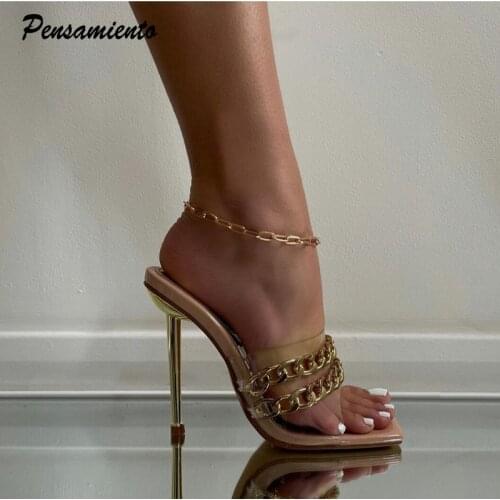 Ins style Chains Transparent PVC Women Slippers Fashion Square toe stiletto High heels Mules Sandals Summer Female Slides Shoes