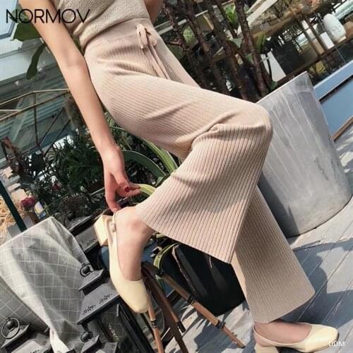 NORMOV Women Pants Winter Knitting Warm Wide Leg Pants High Waist Casual Drawstring Straight Trousers Loose Sweater Pants 2021