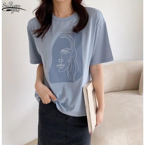2021 Summer Fashion White Round-neck Tops Blusas Korean Short Sleeve Loose Jumper Abstract Human Face Printed Womans Shirt 9947