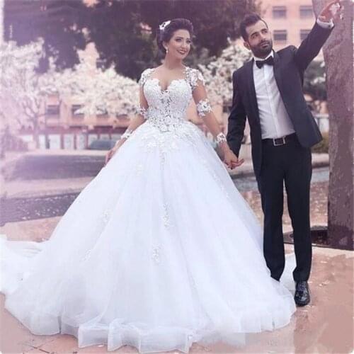 O Neck Tulle Long Sleeve Wedding Dresses For Woman Lace Appliques Bridal Gowns Sweep Train Vestido De Noiva