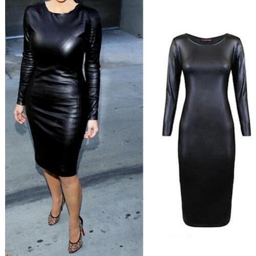 Women Fashion Sexy Long Sleeve Round Neck Faux Leather Dress Slim Party Dress Package Hips Ladies Dresses
