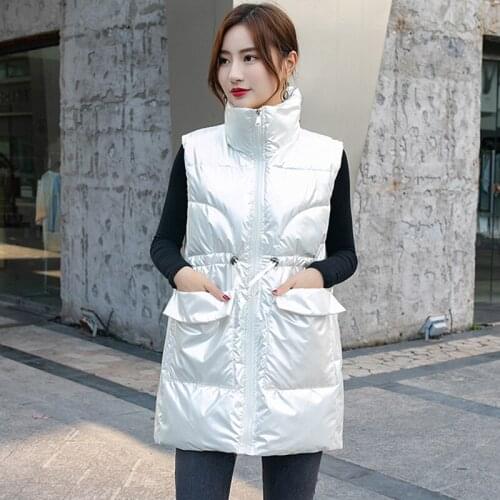 2021 Autumn Winter Women Mid-long waistcost Vest sleeveless Shiny fabric Waterproof zipper Thick Warm padded Vest Coat