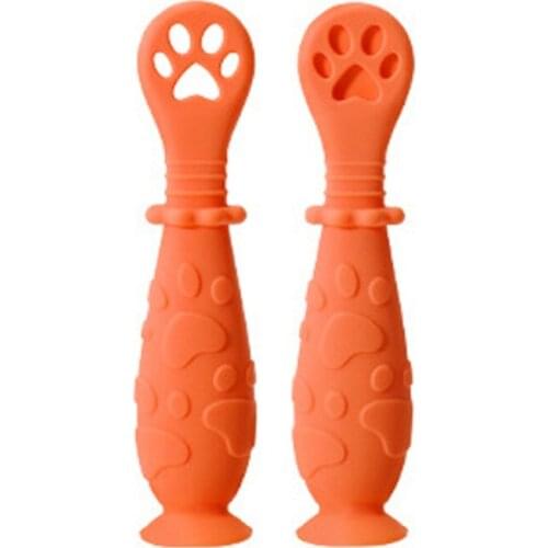 2Pcs/Set Baby Learn Spoon Set Short Easy Spoon Cartoon Silicone Teether Infant Anti-slip Feeding Training Utensils 69HE