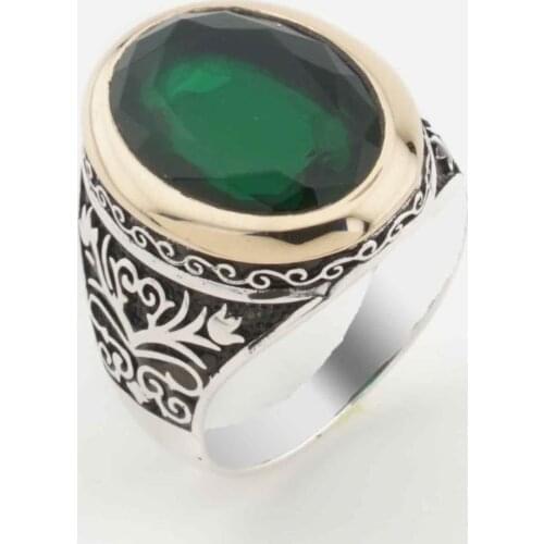 925 sterling Silver Green Zircon Stone Tulip detailed Male Ring