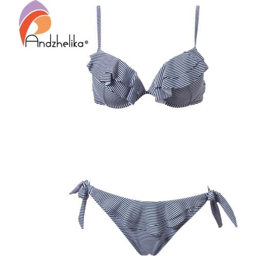 Andzhelika Summer Sexy Striped Ruffle Bikinis girls Swimsuit Push Up Swimwear Brazilian Bikini Set Sport Bathing Suit
