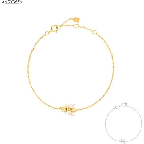ANDYWEN 2020 New 925 Sterling Silver Gold Clear Bees Bracelet Chain Jewelry Fashion CZ Zircon Simple Light Bangle Jewelry Gift