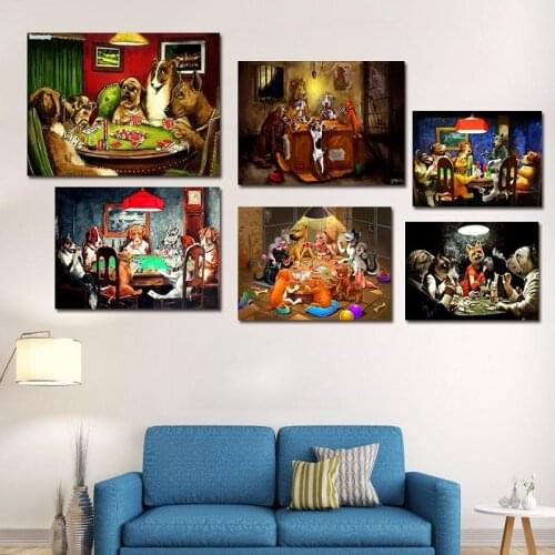 Casino Decor Canvas Painting Dog Playing Poker Funny Style Wall Art Posters and Prints Bedroom Living Room Home Decoration Mural