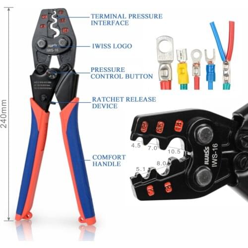 IWS-16 crimper plier IWISS Ratchet Crimping Tool for Non-Insulated Terminals AWG 22-6 Polished Jaw Pressure regulating device