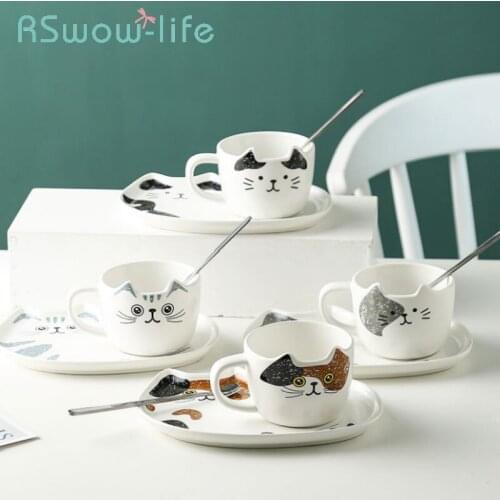 Japanese Cat Ceramic Coffee Cup and Saucer Cartoon Cute Coffee Cup with Tray Set Afternoon Tea Office Water Cup