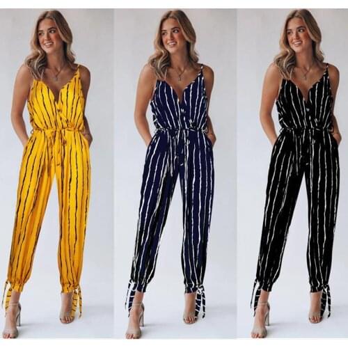 Jumpsuits Woman Jumpsuit Women Summer Sexy V-Neck Straps Striped Print Sleeveless Pockets Rompers Overalls For Women Playsuits