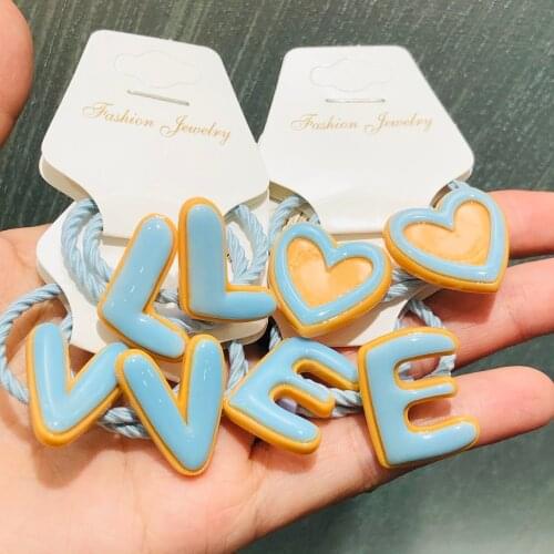 2Pcs Cute Blue Letters Love Hair Accessories Children Rubber Bands Scrunchies Elastic Hair Bands Girls Headband Decorations Ties