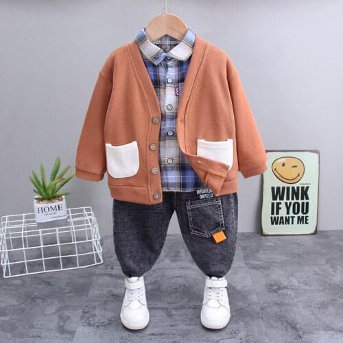 Baby Boy Spring Autumn 3-piece Clothes Sets New Kids Infant Knitted Coat+Plaid Shirt+Denim Pants Toddler Fashion Casual Clothing