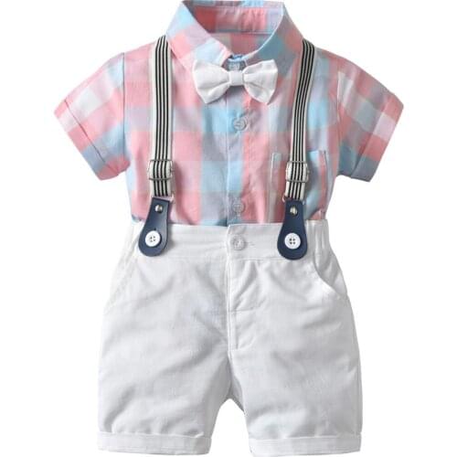 VTOM Summer Baby Boys Clothing Sets Short Sleeve Bow Tie Plaid Rompers+Suspenders Shorts Pants Formal Gentleman Suits