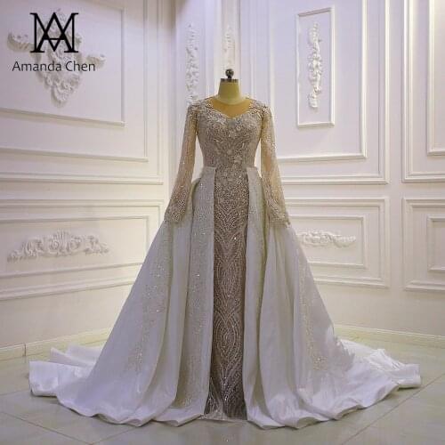 Hot Design Long Sleeve Lace Applique Glitter Detachable Skirt Wedding Dress