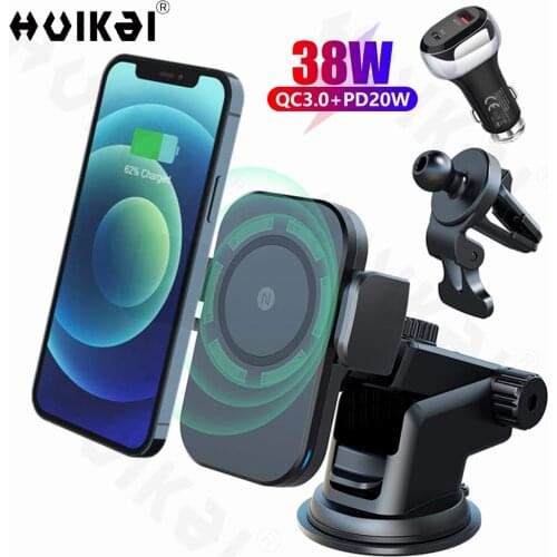 Magnetic Fast Wireless 15W Car Charger with QC 3.0 Car Adapter Qi Charging Auto-Clamping Mount iPhone 12 12 Pro Max Magsafe Case