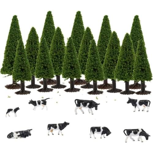 S0701 Model Train Raiway Layout Model Train HO scale Painted Farm Cows+Model Cedar Trees Combined Kit