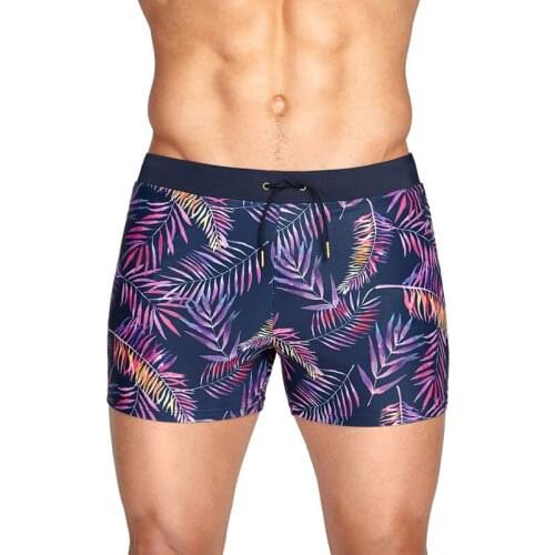 Swimwear Men Swimsuits Leaf Print Swim Boxer Briefs Surf Trunks Beach Shorts Quick Dry Bathing Suits with Pockets
